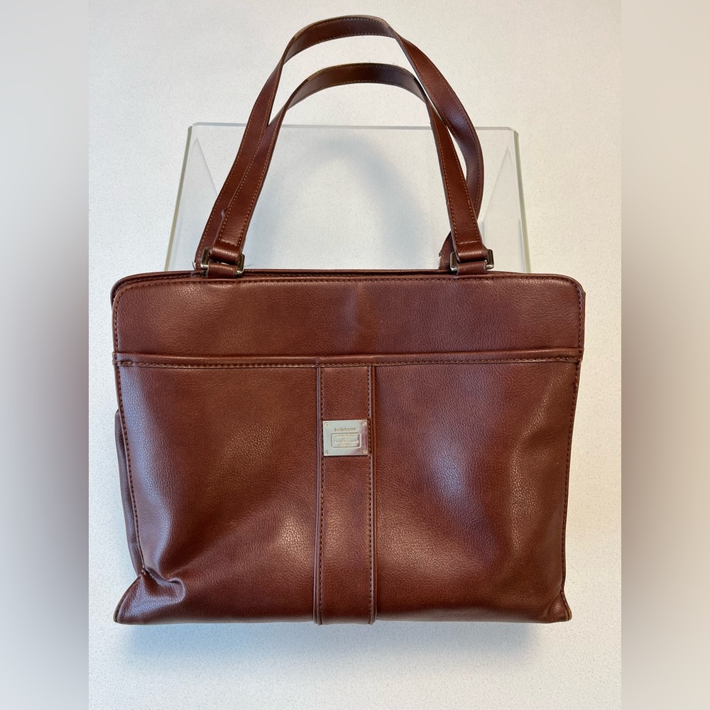 Vintage Liz Claiborne Rich Brown Faux Leather Handbag with Plaid Lining